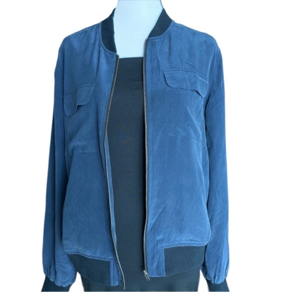 Equipment Femme Blue Silk Bomber Jacket | Size Small | Fall/Winter 2014–Resort 2 - Picture 2 of 8